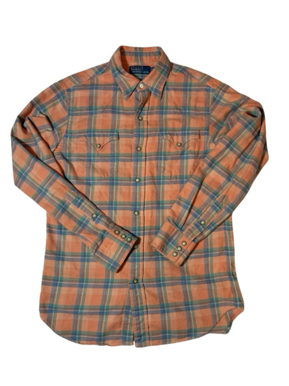Polo Ralph Lauren Plaid Western Shirt Orange Blue Snap Button Flannel S